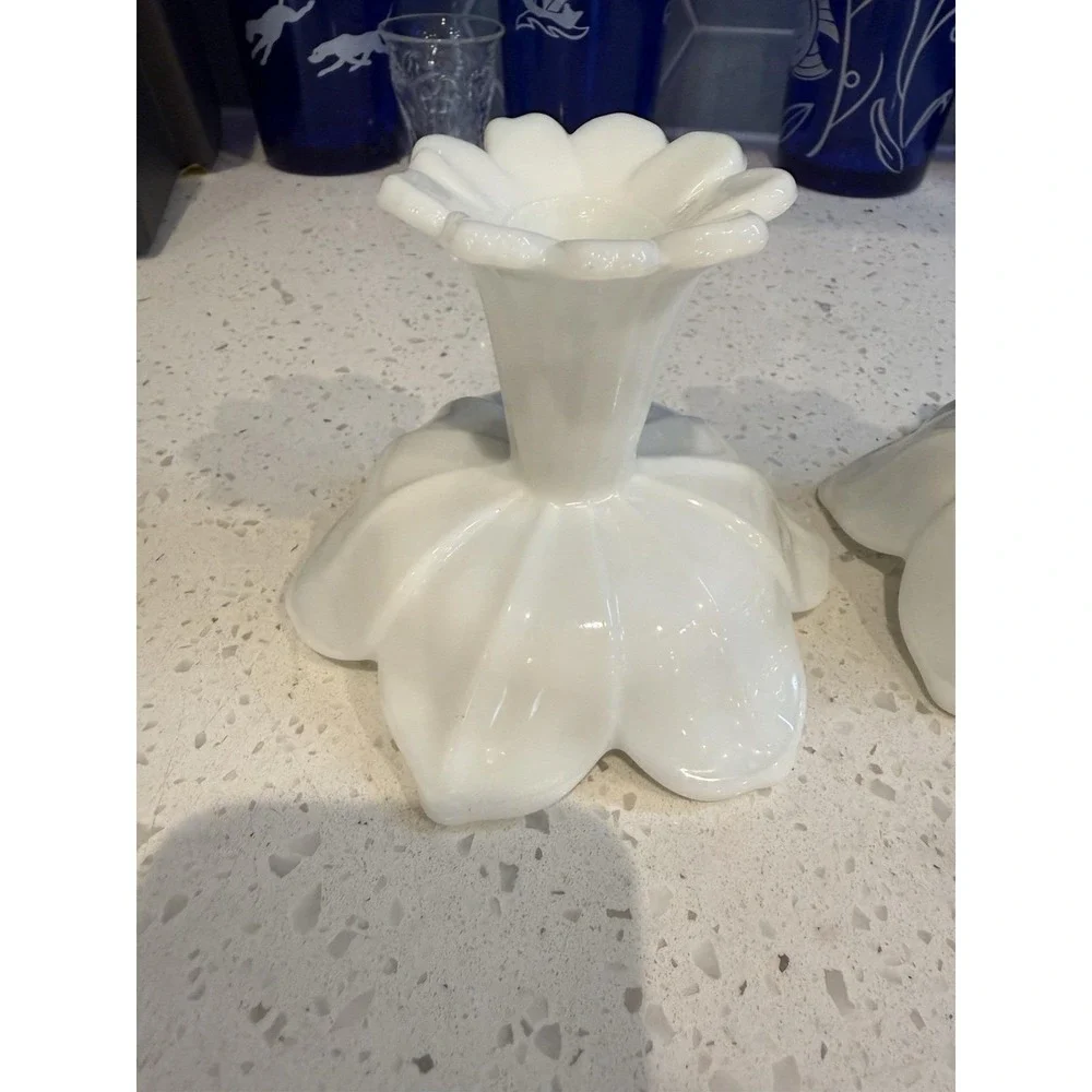 Westmoreland Milk Glass Lotus Pair Of Single Candle Stick Holders Mid Century